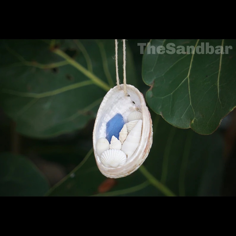Blue Sea Glass Ornament White Shell Gift